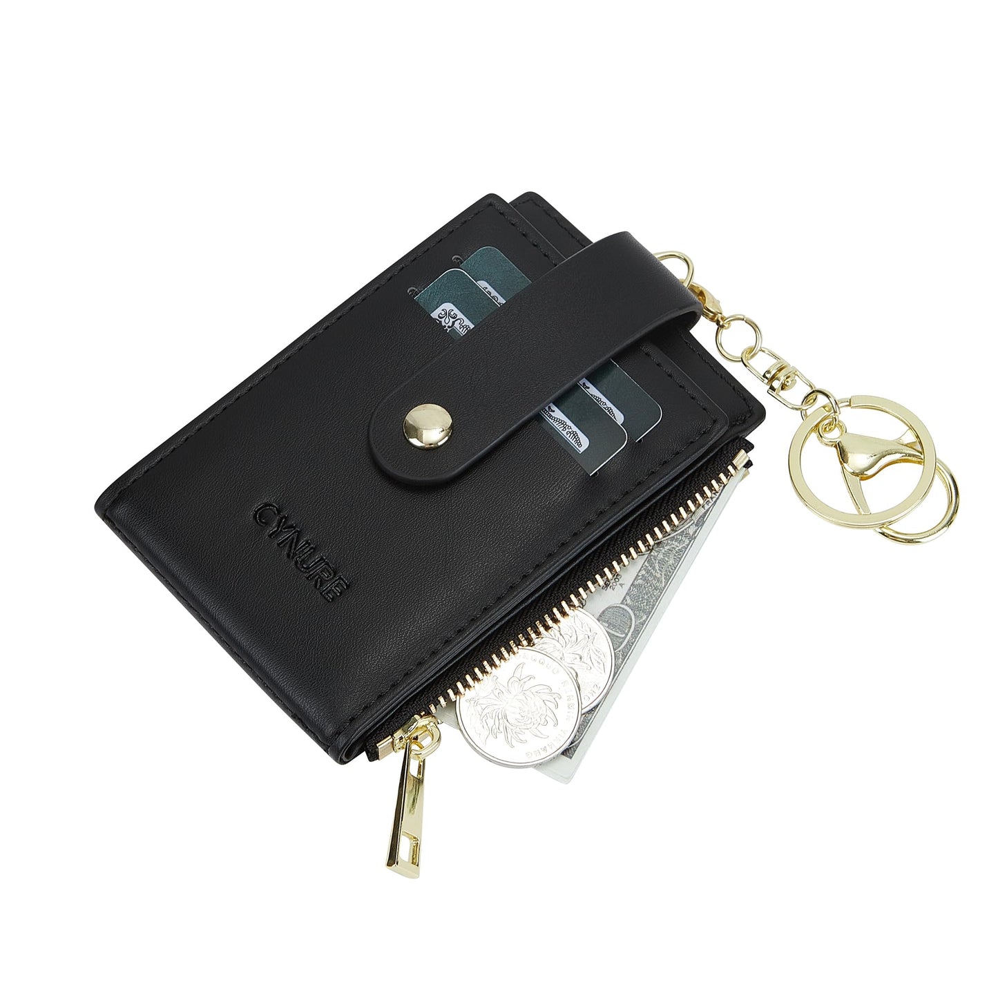 Cynure Women Leather RFID Blocking Card Holder Slim Small Zipper Keychain Front Pocket Wallet with 2 ID Window, 1-plain black