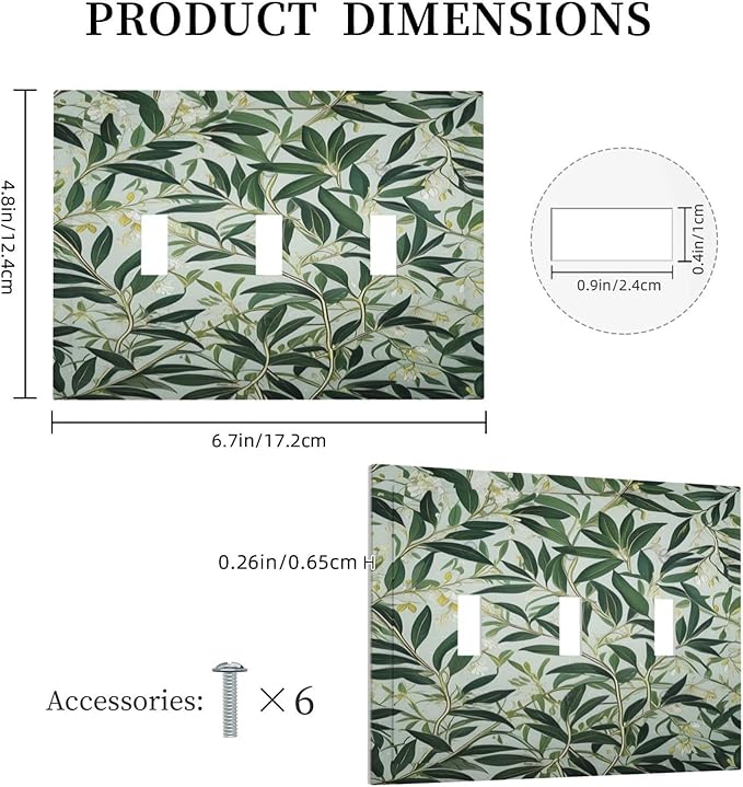 Sage Eucalyptus Leaves Foliage Light Switch Covers 3 Gang Triple Toggle Wall Plate Decorative Switchplate Electrical Faceplate for Farmhouse Living Decor