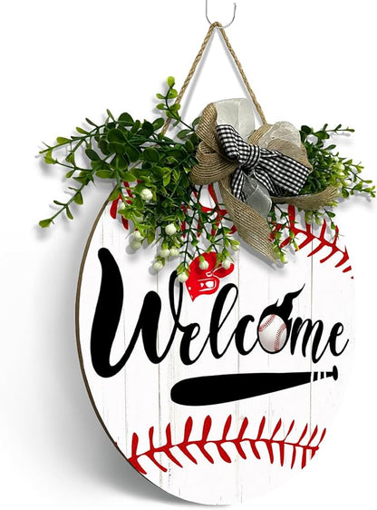 Baseball Door Sign Welcome to the Baseball Game Hanging Sign With Wreath And Bow Baseball Bat Ballfield Round Wooden Front Door Sign for All The Seasons Sport Farmhouse Decor 12x12 Inch