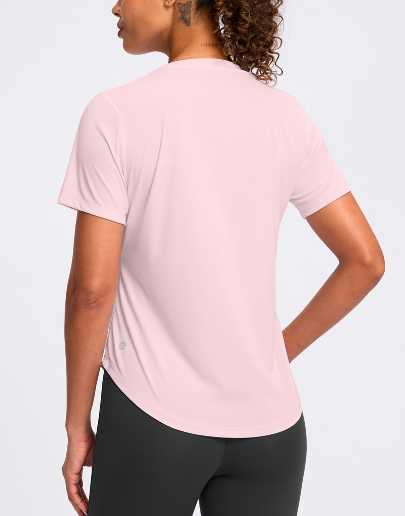 Womens Workout Shirts V-Neck Short Sleeve UPF 50+ Sun Shirt Moisture Wicking Dry Fit Top for Gym, Running, Athletic (Peach, L)