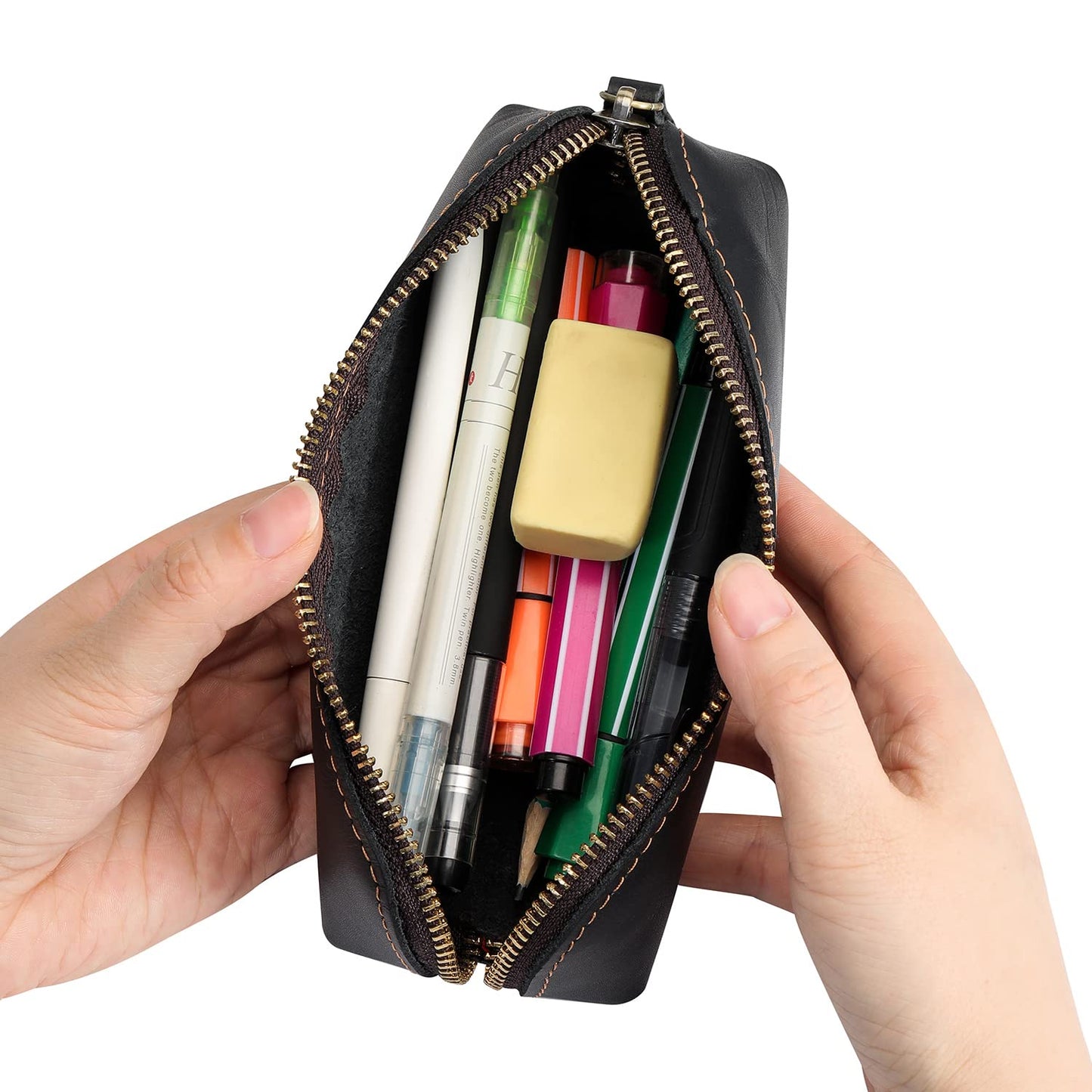 RZEOTPII Pen Pouch Pencil Bag Black Leather Pencil Holder Small Portable Zipper Case for Fountain Pen Markers Makeups Change Coins,Gift for Adults Mens Womens (Black)