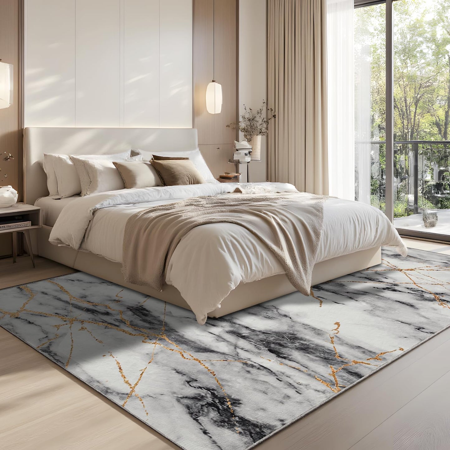 CRYPTOLITE Area Rugs 9x12 Rug for Living Room Abstract Washable Rug with Non-Slip Backing Low Pile Area Rugs for Bedroom, Dining Room, Gold&Grey