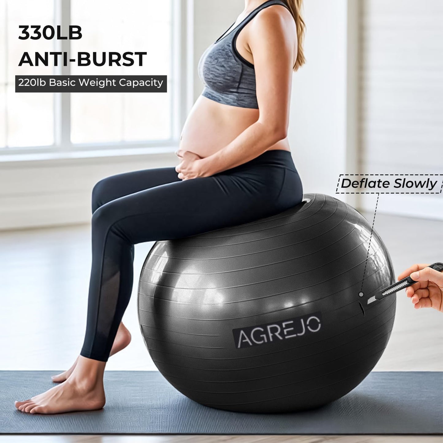AGREJO Yoga Ball, Exercise Ball for Working Out, Anti-Burst and Slip Resistant for Physical Therapy, Birthing, Stretching, Flexible Seating, Home Gym, with Pump (L: 23-26ines/58-65cm)