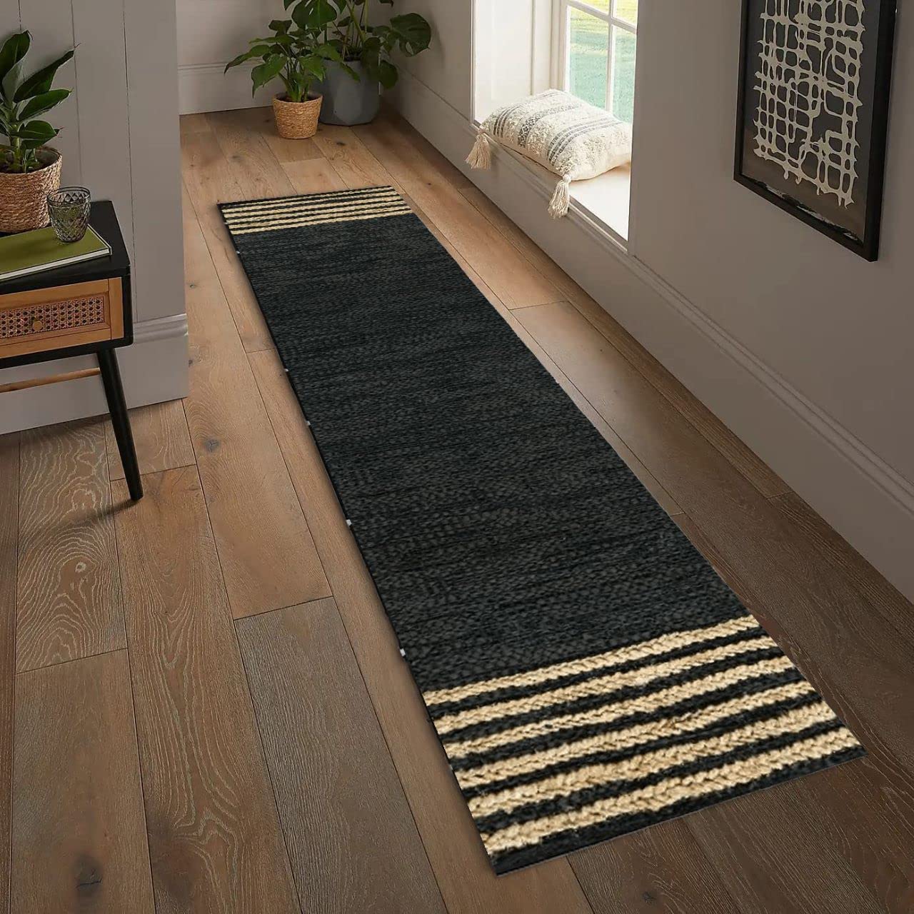 GRUHUM Jute Runner Rug 2'6"x 8' ft Natural Fiber Leather Black Jute Area Rug Handwoven Boho Farmhouse Braided Rustic Vintage Ecofriendly Indoor Rugs for Kitchen Living Room Bedroom Hallways Entryways