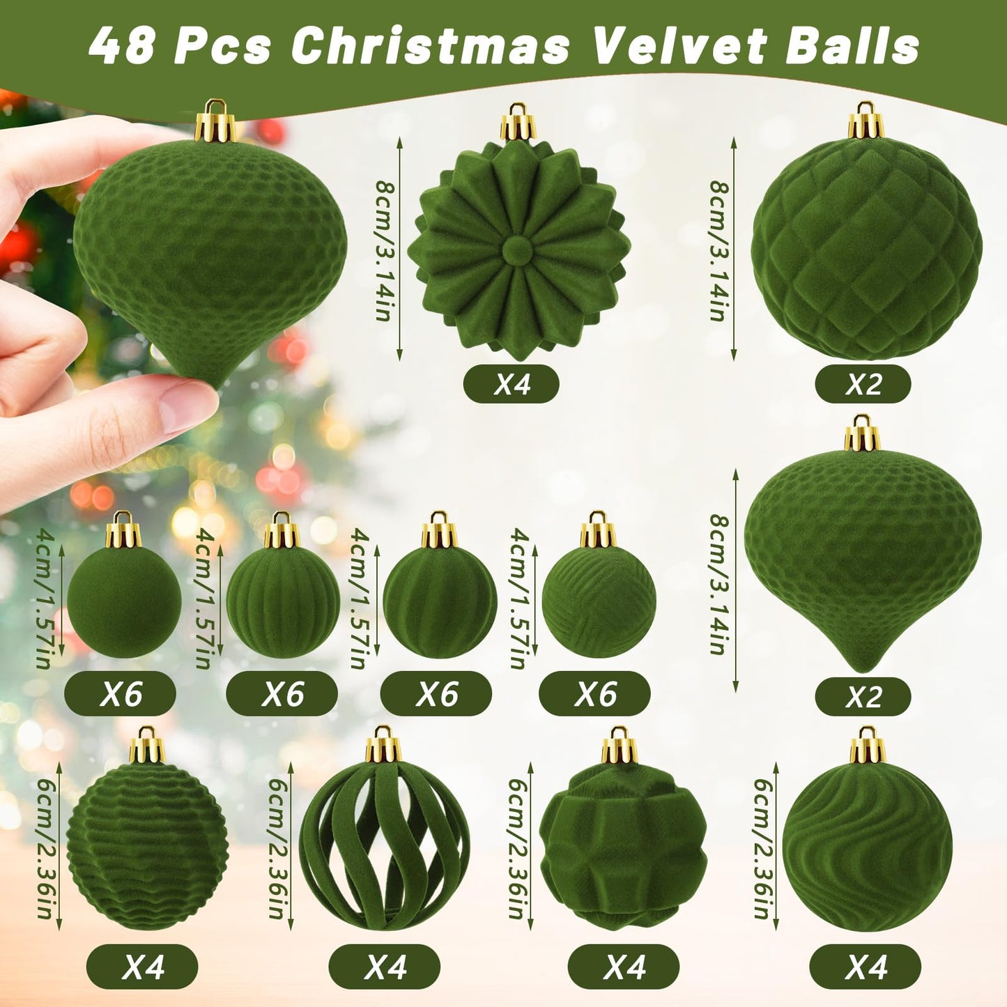 48 Pcs Velvet Christmas Ball Ornaments Set, Flocked Christmas Tree Ornaments, Shatterproof Hanging Xmas Balls Decorations for Christmas Tree Home Decor Holiday Wedding Party (Sage Green)