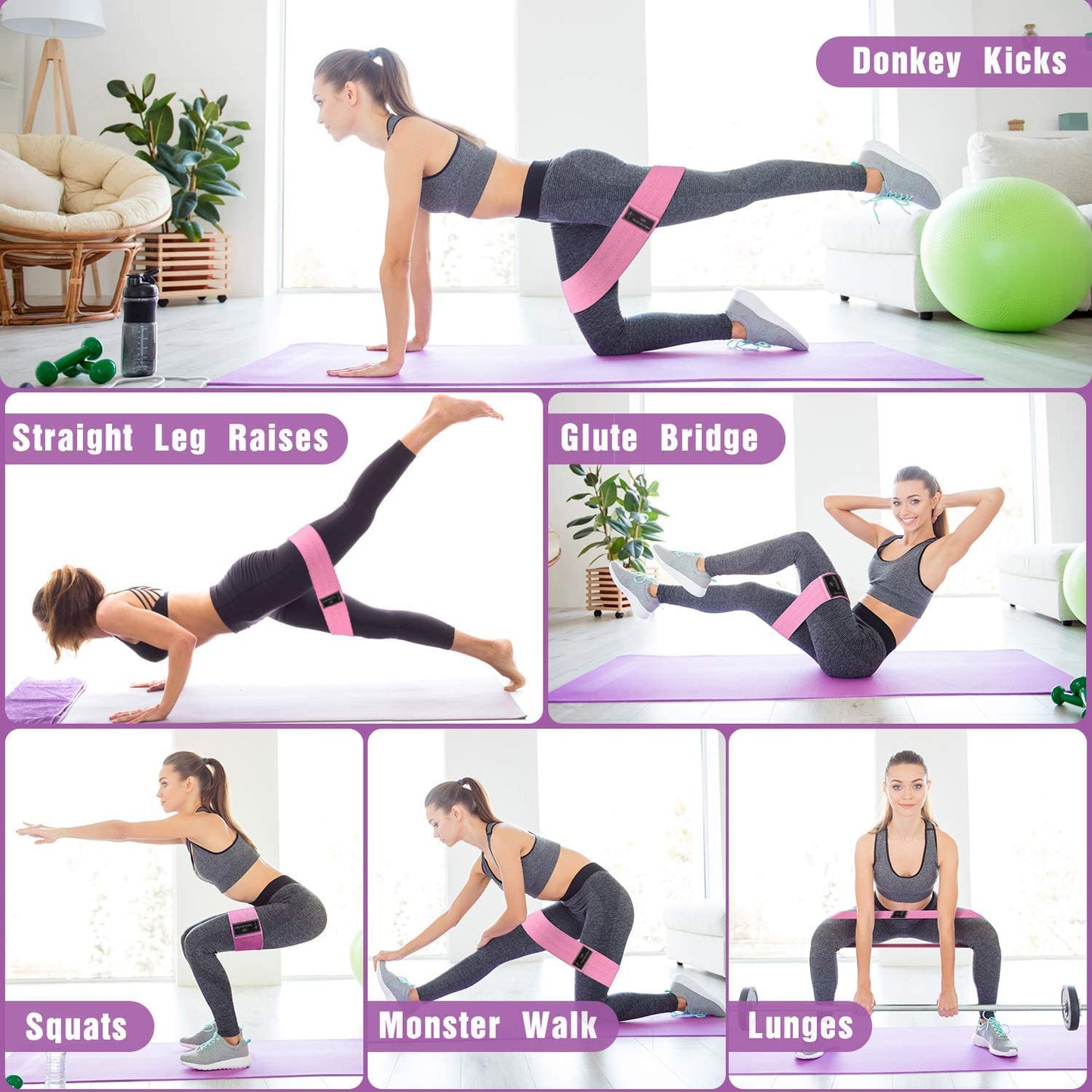 Fabric Resistance Bands Set for Legs and Butt, Non-Slip Stretch Fitness Exercise Workout Loop Booty Hip Band for Women at Home or Gym - Green, Pink, Purple
