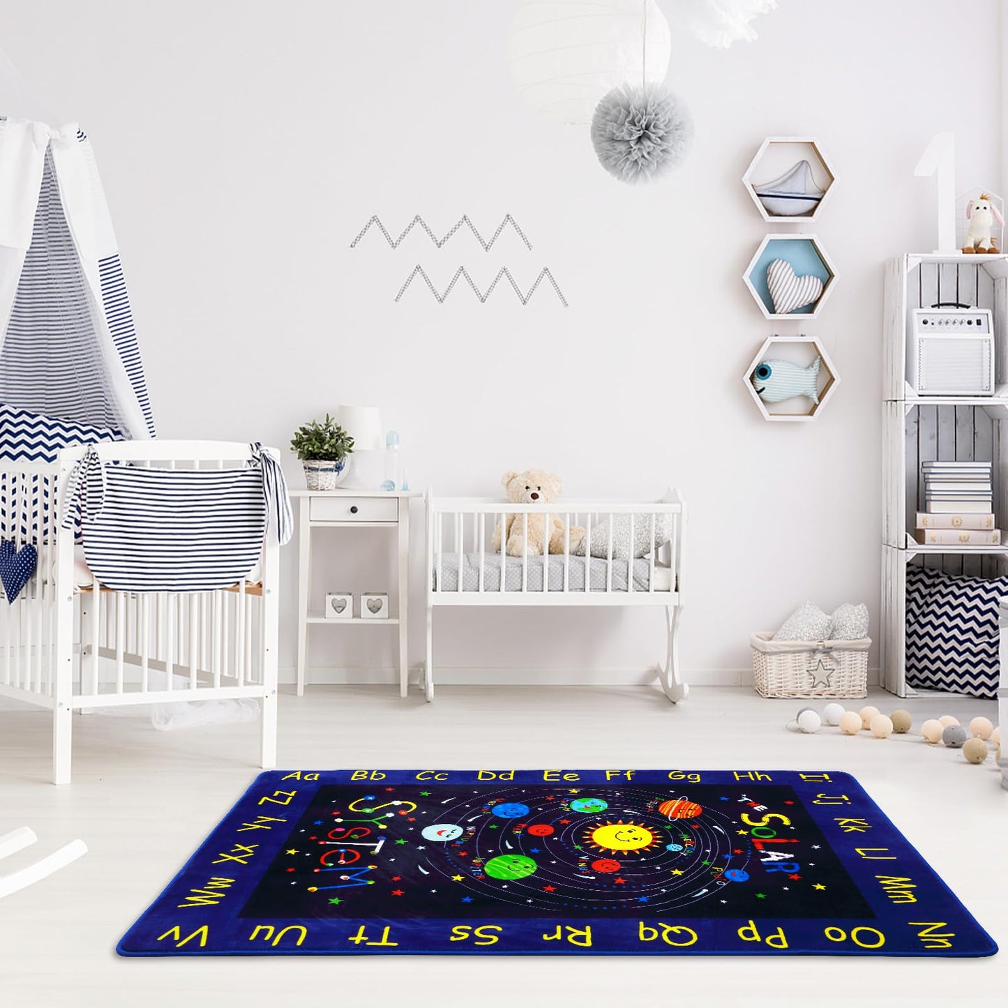 LUXLOOM 3x5 Outer Space Rug Kids Playroom Rug Solar System ABC Alphabet Educational Floor Mat Non Slip Backing Planet Carpet Ultra Soft Low Pile Area Rug for Bedroom Classroom Nursery Playroom Blue