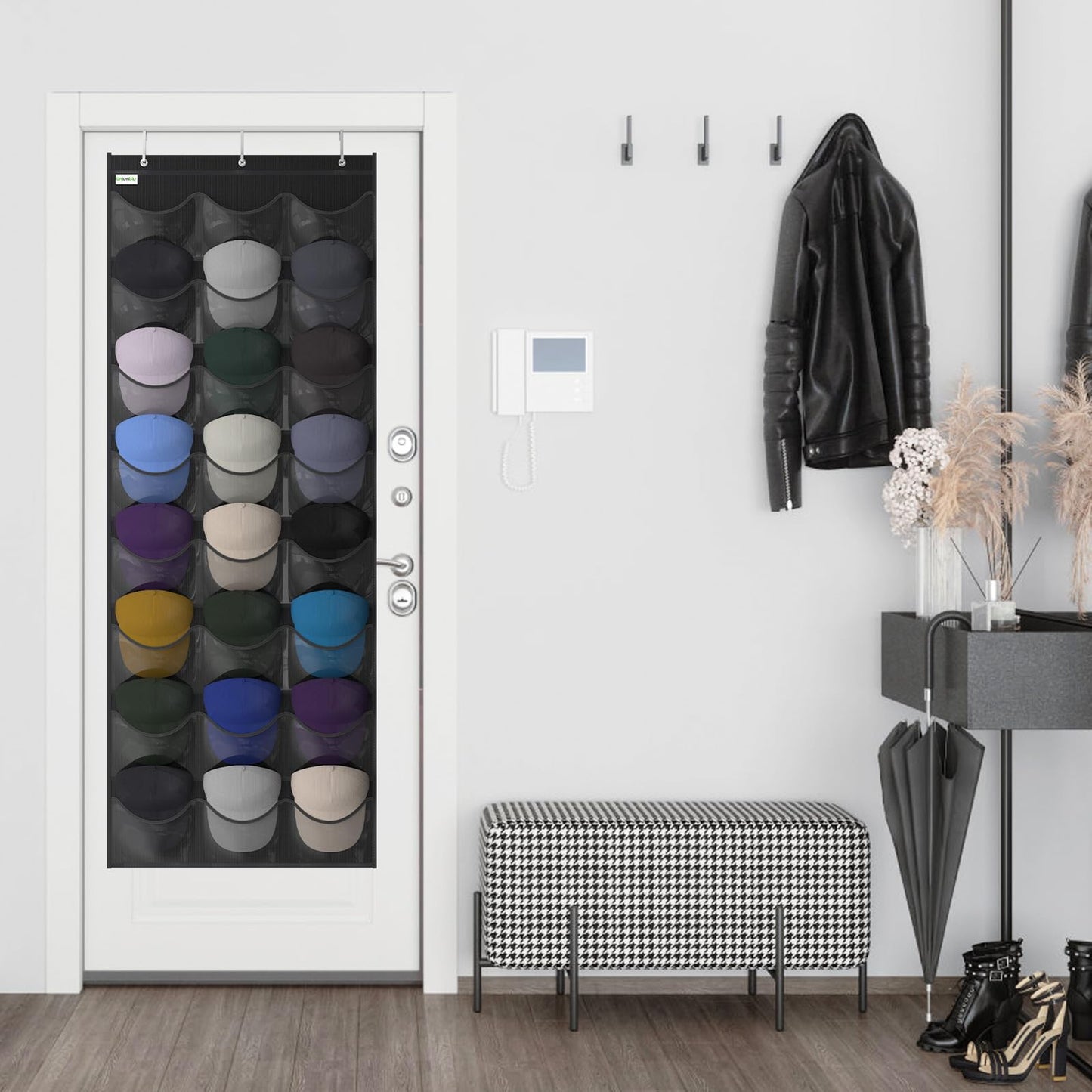 Unjumbly Baseball Hat Rack, 24 Pocket Over-The-Door Hat Organizer with Clear Deep Pockets to Display Baseball Caps Collection, Complete with 3 Over Door Hooks (Black, 24 Pockets)