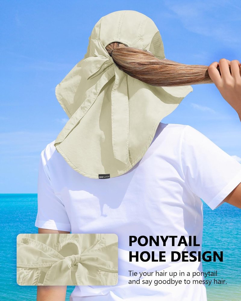 Women's UV Protection Sun Hat - Wide Brim Fishing Hat with Ponytail Hole & Neck Flap | Ideal for Beach, Hiking, Camping