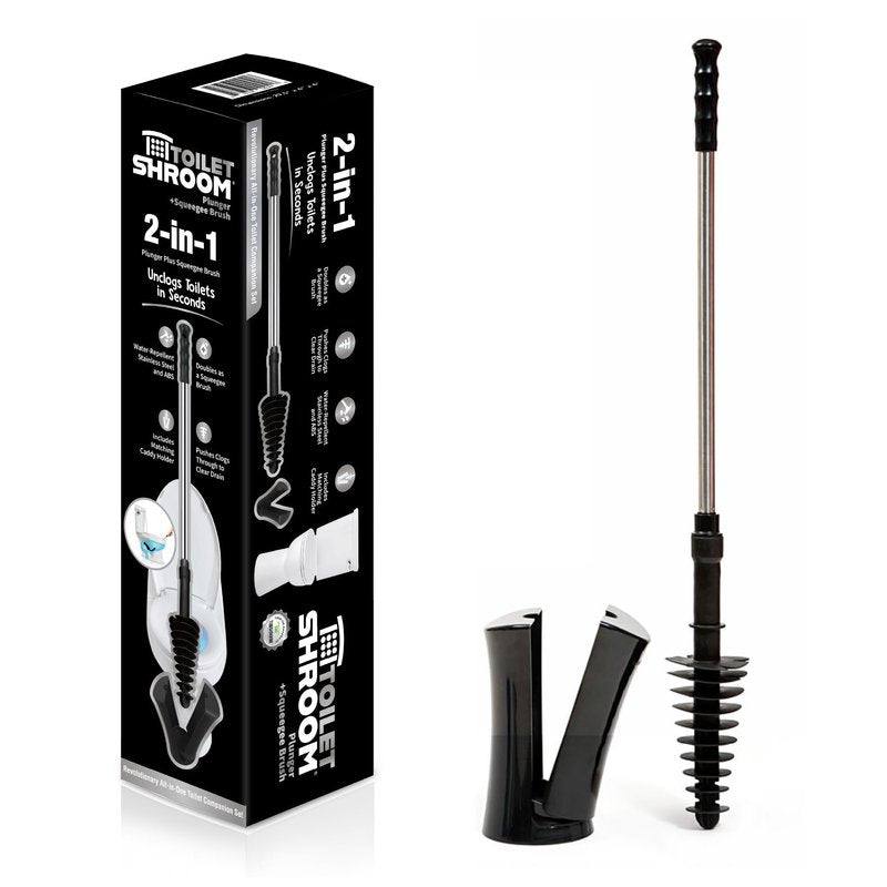 ToiletShroom Revolutionary Plunger, Squeegee, Clog Remover, Drain Cleaner, Bathroom Toilet Dredge Tool, Stainless Steel Handle with Caddy Holder, Оne Расk, Black
