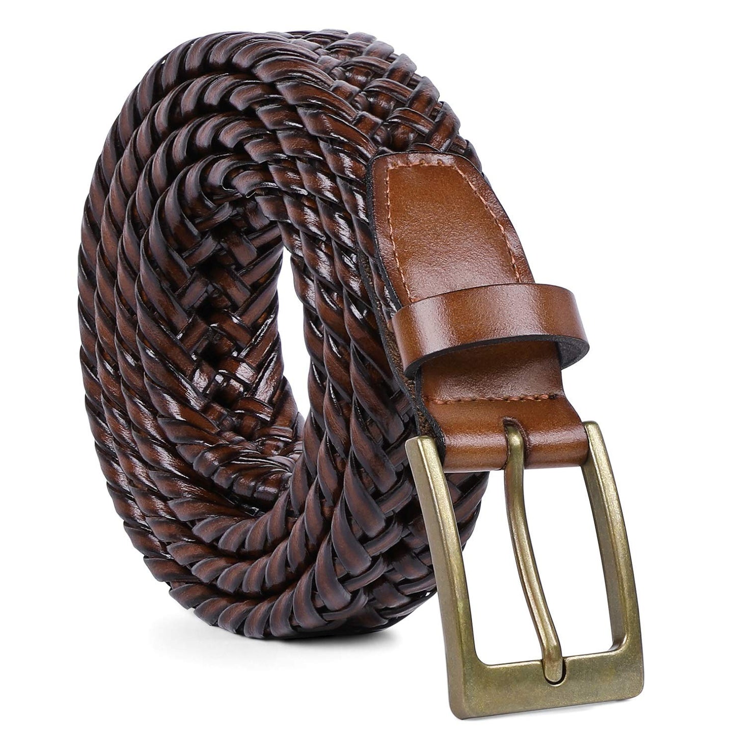 JASGOOD Men's Braided Leather Belt, Braided Woven Belt for Men Casual Jeans with Solid Strap Single Prong Buckle (B-Brown,Suit for Pant Size 32-37 inch)