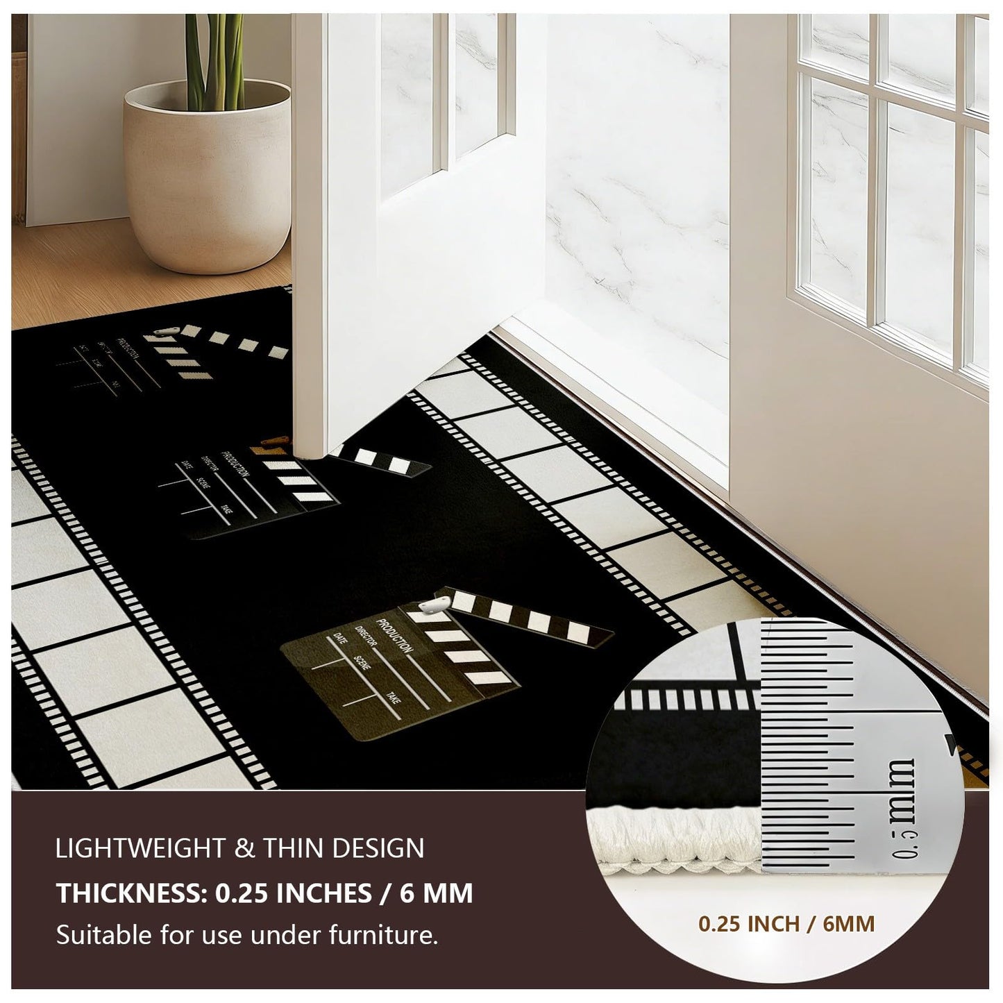 Black and White Movie Time Runner Rug, 3x8ft, Home Cinema Theatre Rug, Clapboard Ticket Print Design Rugs, Vintage Non Slip Soft Low Pile Washable Carpet for Bedroom Hallway