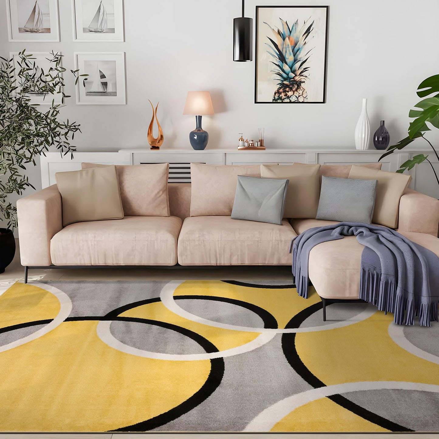 Rugshop Contemporary Abstract Circles Area Rug, Non-Shedding Carpet for Living Room, Dining Room, or Bedroom, Yellow, 6'6" x 9'