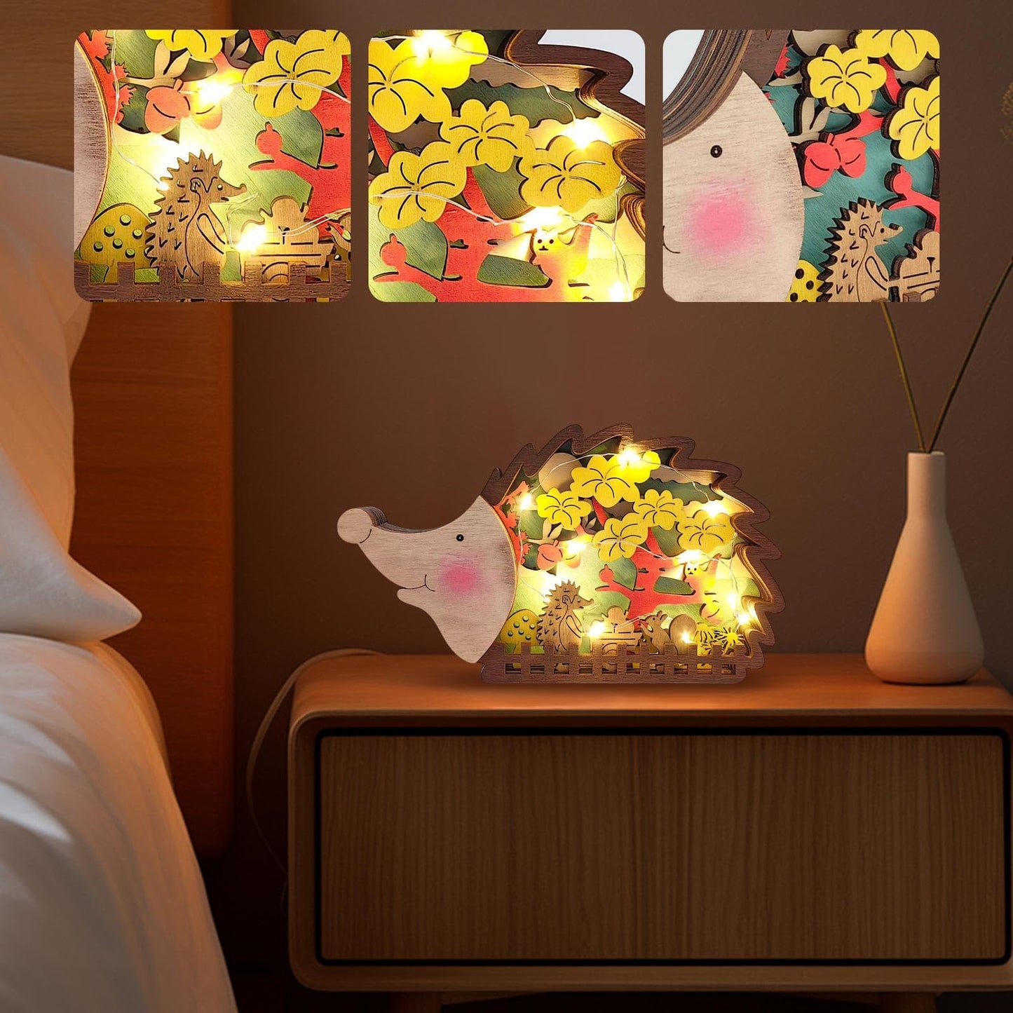 3D Wooden Carving Animals Lamp - Creative Fox Squirrel Wood Carved LED Night Light Garden Yard Wooden Animals Sculpture Ornaments Desktop Home Decor Birthday Gifts for Family Friend (Hedgehog)