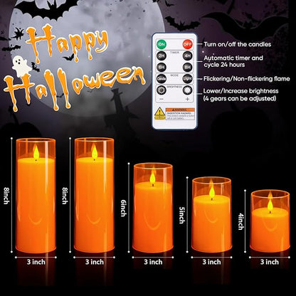 Homemory Halloween Orange Flameless Candles, Battery Operated LED Candles with Remote and Timer, Candles for Halloween Decoration, Fall, Harvest Festival, Set of 5