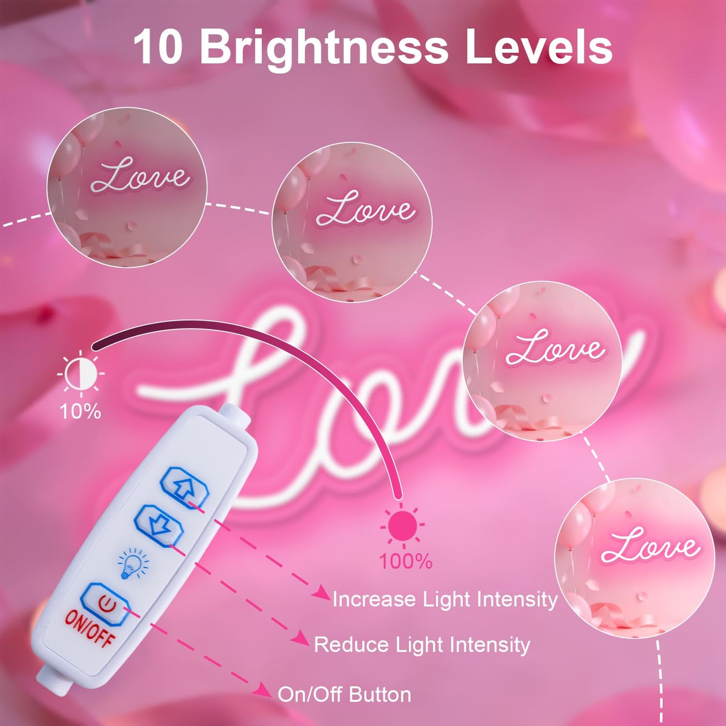 Miootly Love Neon Sign, LED Love Light up Sign Wall Decor for Girl Bedroom Christmas Valentine's Day Wife Women Birthday Gift Living Room Home Decor, 16"x 6" USB Powered 10 Pink Brightness Light up