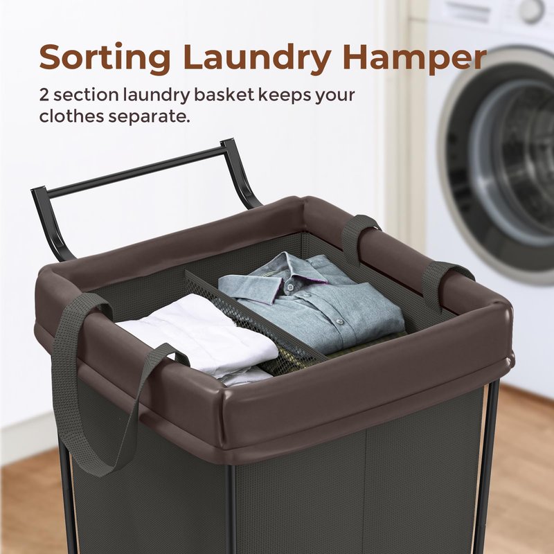 Mefirt 160L Laundry Hamper with Wheels and Handle, 2 Section Laundry Hamper with Wheels, Large Rolling Laundry Basket, Dirty Clothes Hamper Cart on Wheels for Laundry, Bedroom, Bathroom and Dorm