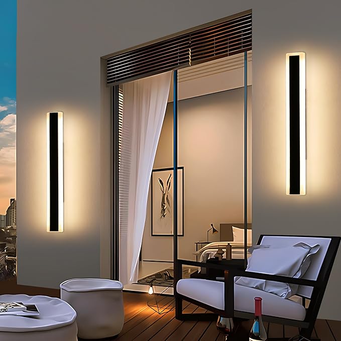 2 Pack 23.6inch Modern Outdoor Wall Light, Black Long LED Wall Sconce, 24W, IP65 Waterproof, 3000K Warm White, Exterior Wall Light Fixture for Porch, Patio, Garage, Yard, House, Garden