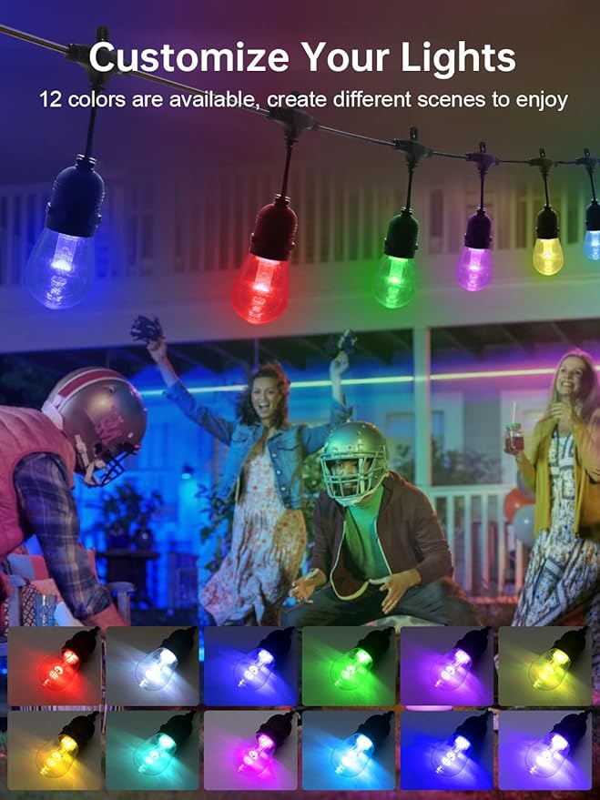 Commercial Grade 48FT LED Outdoor String Lights with Remote Control - Shatterproof Waterproof Color Changing Christmas Lights, Dimmable for Patio, Garden, Wedding Decor