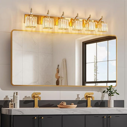 Crystal Vanity Lights - Gold 6 Light Modern Bathroom Vanity Light Fixtures Over Mirror