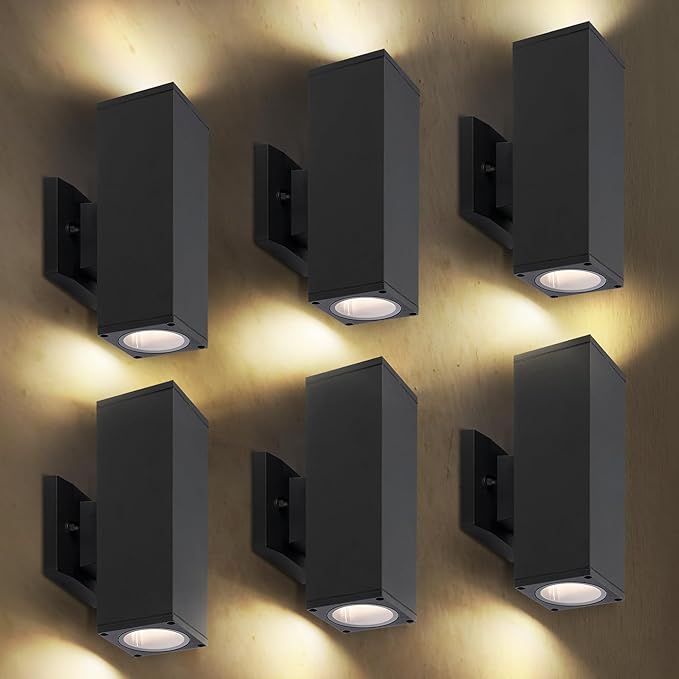 ASD 2 Light Square Outdoor Wall Light Fixture | 120W E26 Socket 120V ETL Cylinder Up Down Lights | LED/CFL/Incandescent Bulb Exterior Wall Sconce | Front Door, Porch, Patio | Black, 6 Pack