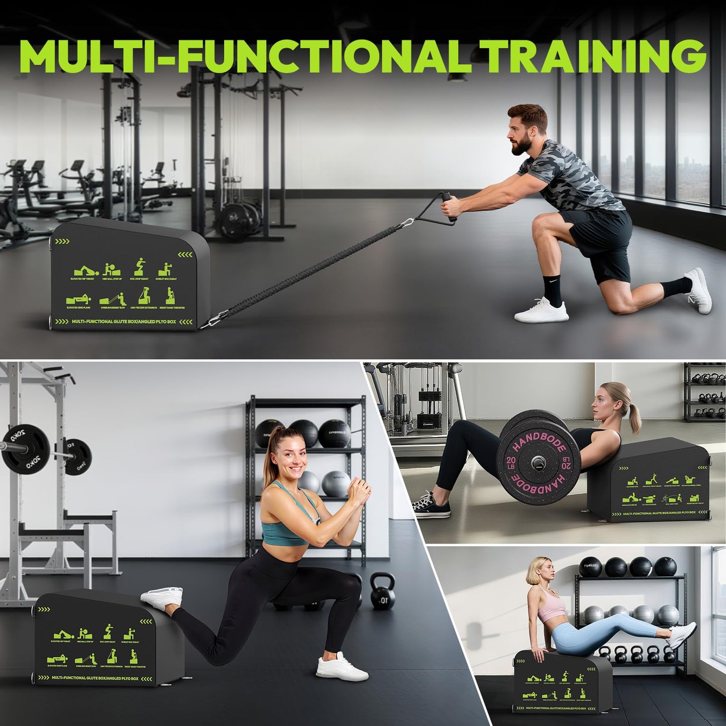 Hip Thrust Bench, Multi-Functional Slip-Free Hip Thrust Machine for Glute Bridge, Box Jump, Push-Ups, Squat, Ab Exercise, Suitable for Home & Gym, Includes 100lb Weight Plates & 4.9ft Olympic Bar