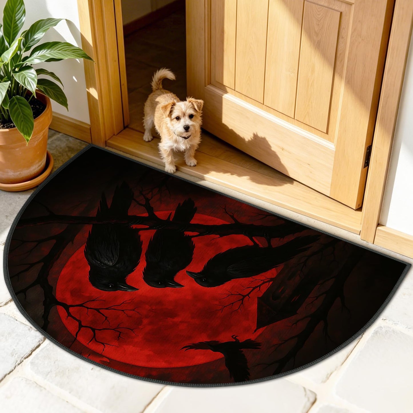 ANNA QUEEN Halloween Semicircular Entrance Door Mat 24" x 36", Gothic Raven Moon Indoor Outdoor Doormat, Non Slip Half Round Welcome Rug Low Profile for Front Door Entryway Porch Patio