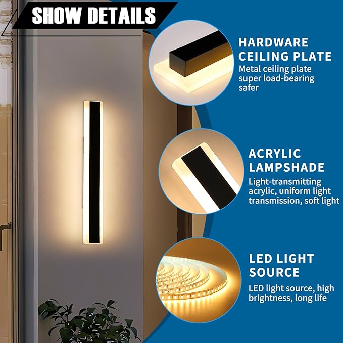 2 Pack 23.6inch Modern Outdoor Wall Light, Black Long LED Wall Sconce, 24W, IP65 Waterproof, 3000K Warm White, Exterior Wall Light Fixture for Porch, Patio, Garage, Yard, House, Garden