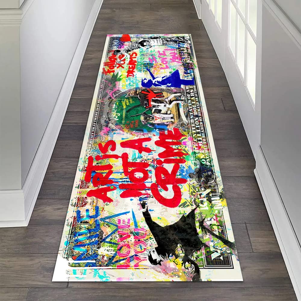 JUST BREATHE Graffiti Abstract Runner Rug 'Follow Your Dreams' Pop Art Street Art Cool Rug Inspiring Money Rugs One Million Dollar Mat Floor Carpet for Bathroom Bedroom Home Office 59"x24"