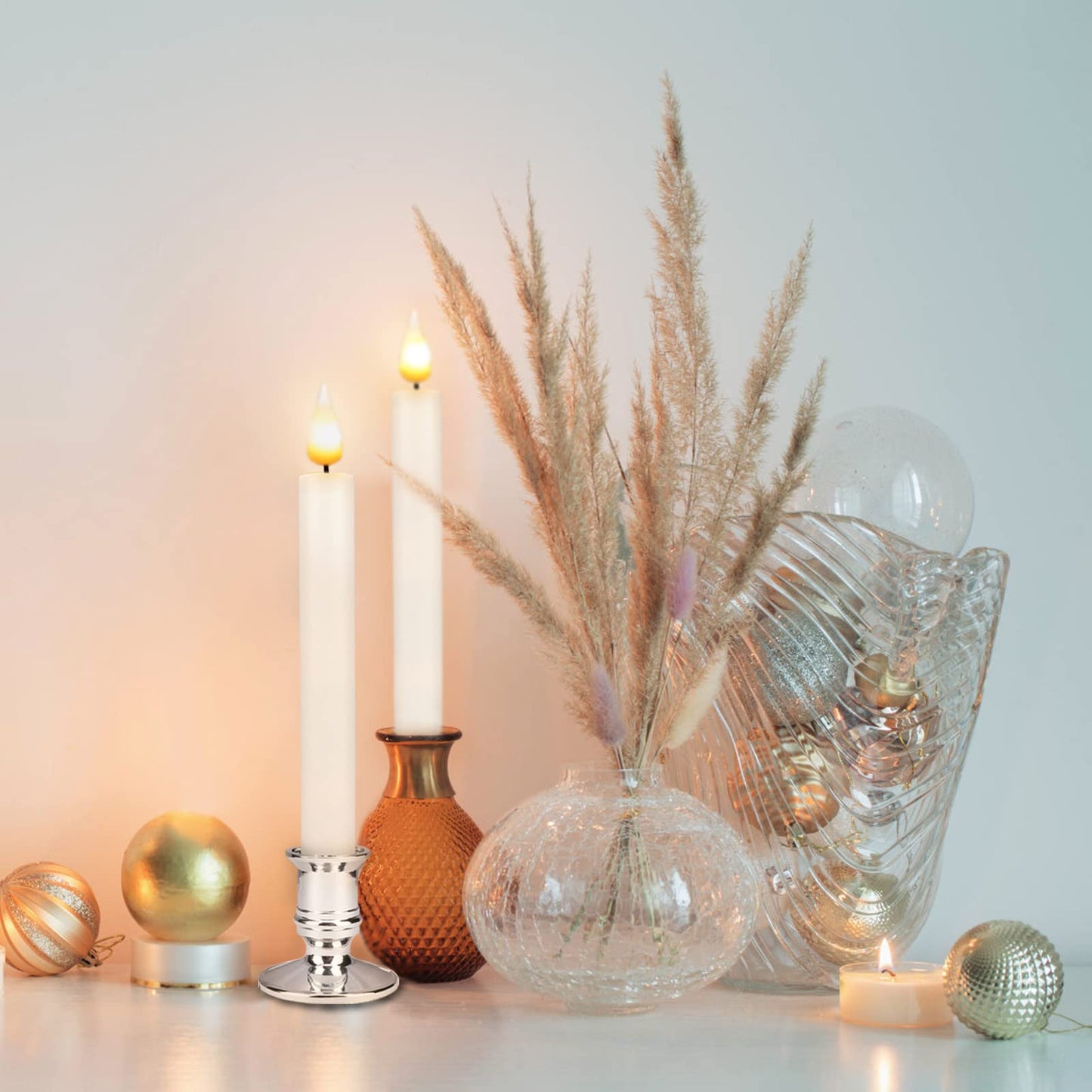 Bociks Flameless Window Candles with Remote Timer 10 PCS Battery Operated LED Flickering Taper Candle Lights with Removable Sliver Candle Holders Best Gift for Xmas Wedding Home Dinner Décor