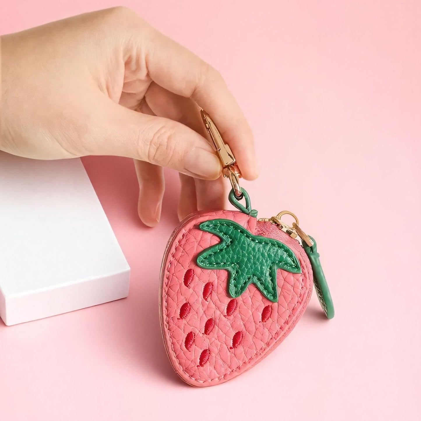 TUKYWAN Strawberry Coin Purse,Leather Bag Charm for Handbags,Fruit Purse Charm,Cute Keychain Accessories with Zipper,Mini Coin Pouch Gifts for Women