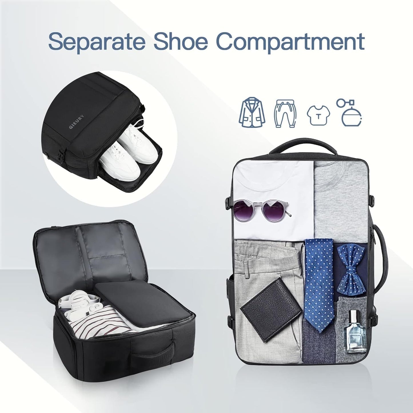 Gieury Carry On Backpack, 50L Travel Backpack, Luggage Backpack TSA Flight Approved Laptop Backpack for Men & Women, Large Expandable 40L Daypack Lightweight Business Weekender Bag, Black