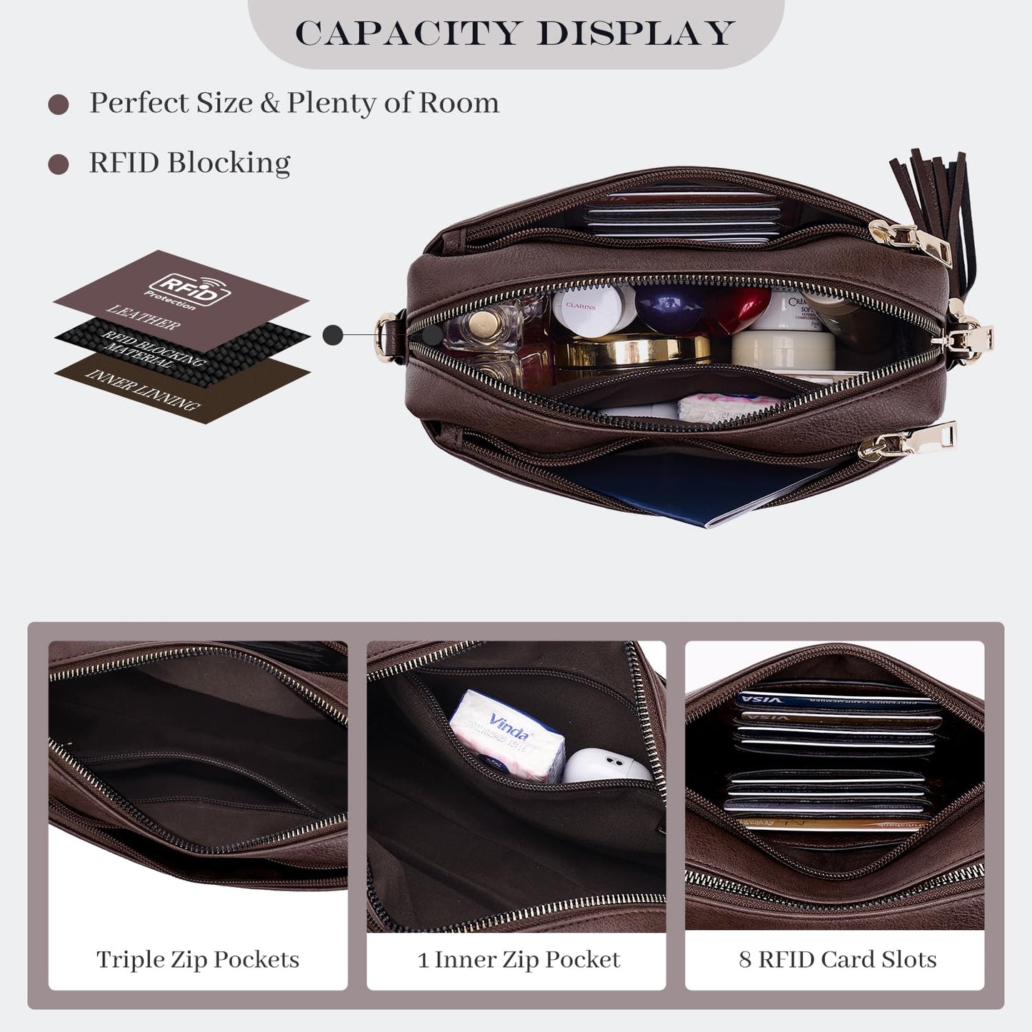 Roulens Triple Zip Small Crossbody Bag for women,Wide Strap Cell Phone Purse Shoulder Handbag Wallet with Credit Card Slots