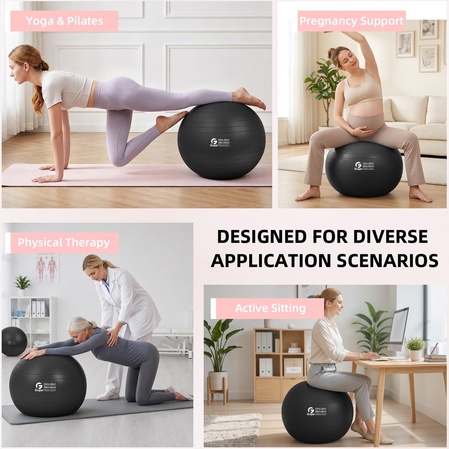 Gruper Exercise Ball, Extra Thick Yoga Ball for Working Out, Yoga & Pregnancy, 4 Sizes Anti-Burst Balance Ball with Foot Pump for Pilates, Physical Therapy & Fitness
