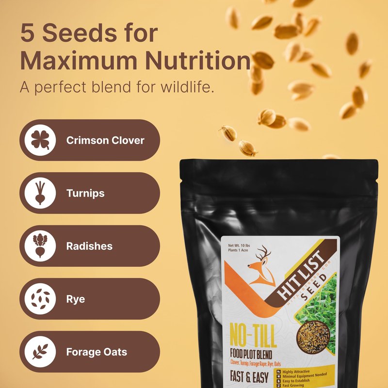 Hit List Seed No Till Food Plot Seeds for Deer [Annual Mix] – Throw and Grow Food Mix – Deer Seed Blend with Clover, Rye, Turnip, Brassica, Oats – No Plow Planting – 5 lbs