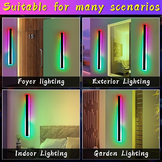 2 Pack Modern Outdoor Wall Light, 59inch RGB LED Wall Sconce, IP65 Waterproof, 10 Colors Dimmable Wall Mount Light Fixture for Fence, Garage, House, Black Aluminium, with Remote Control