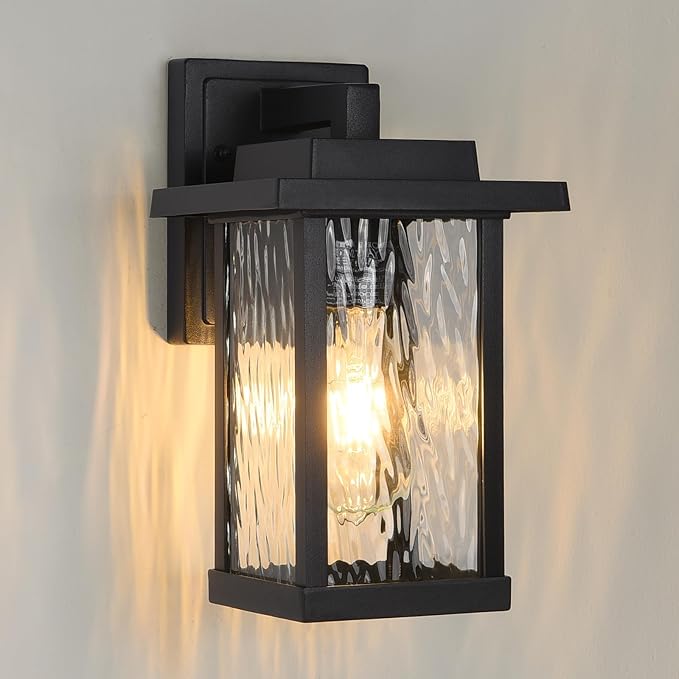 Outdoor Wall Sconce, Outside Porch Light Fixtures, Wall Mount Anti-Rust Exterior Wall Lights in Wood Grain Finish & Black Finish with Water Ripple Glass for Garage Doorway Entryway