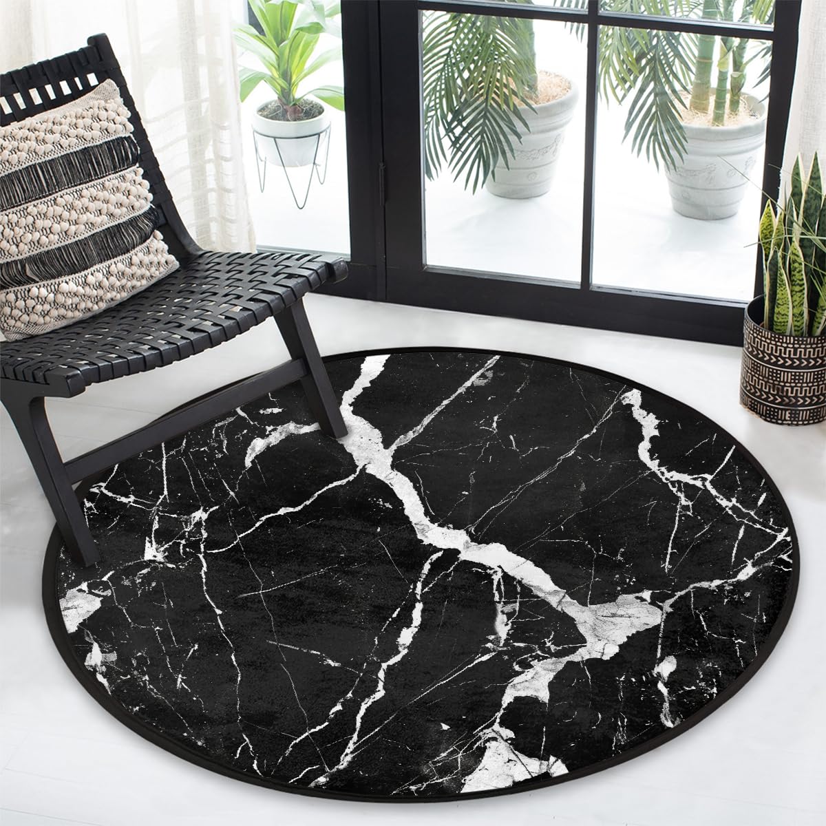 Black and White Marble Texture 63inch Round Indoor Rug, Washable Anti Slip, Room Decor Circle Carpet for Bedroom Living Room Pad