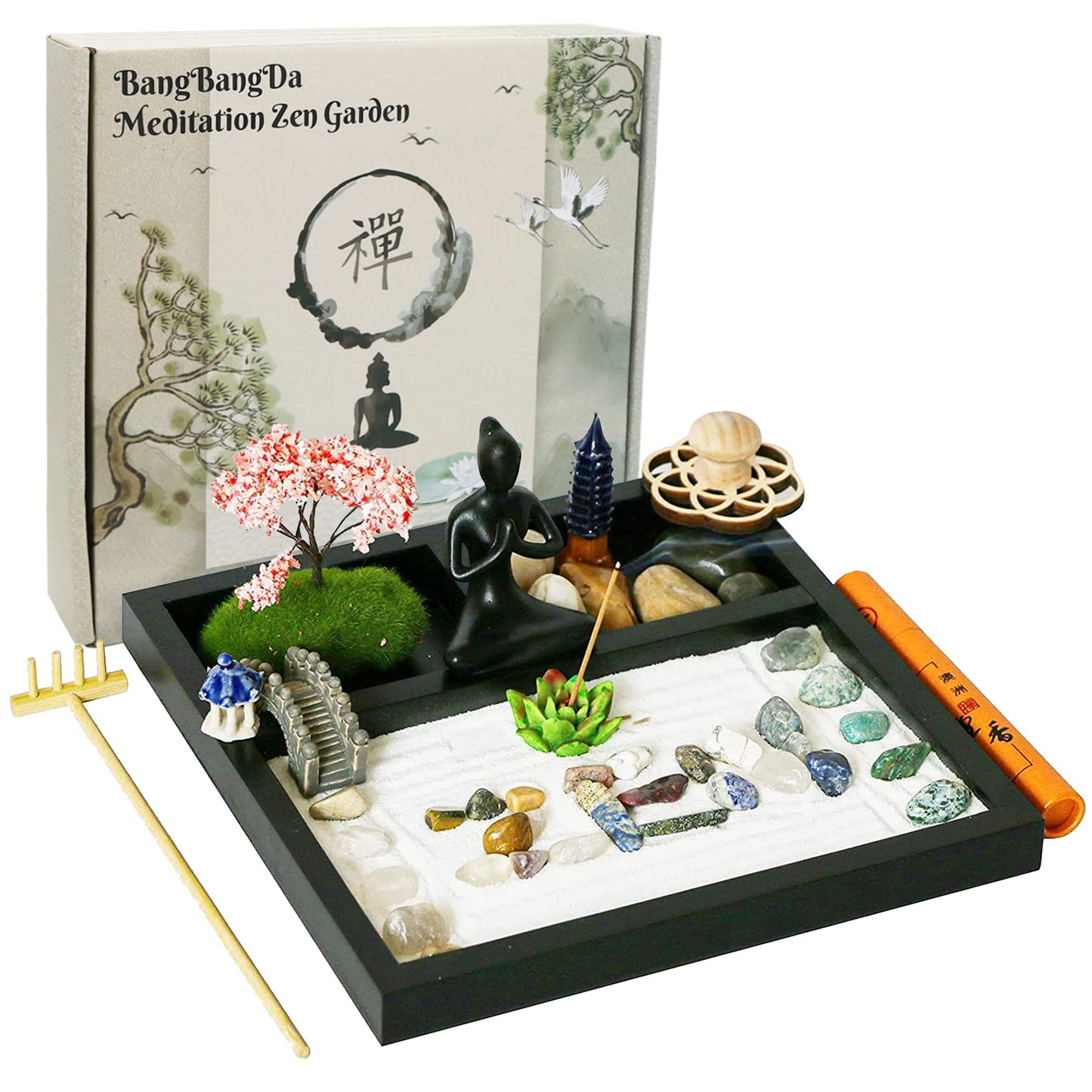 BangBangDa Desktop Meditation Yoga Zen Garden Kit Japanese Tabletop Rock Sand Chakra Shrine Altar Japanese Zen Decor Home Office Desk Zen Gifts for Women Man Birthday w/Rake Tool Accessories Bonsai