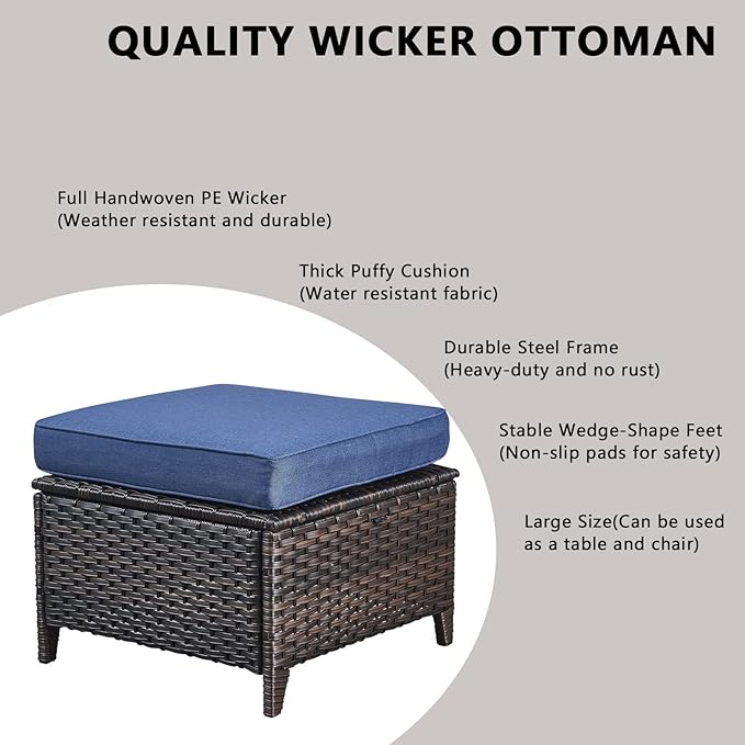 Rilyson Wicker Patio Furniture Set - 8 Piece Rattan Outdoor Sectional Conversation Sets with 4 Swivel Rocking Chairs,2 Ottomans,1 Sofa and 1 Coffee Table for Porch Deck Garden(Brown/Blue)