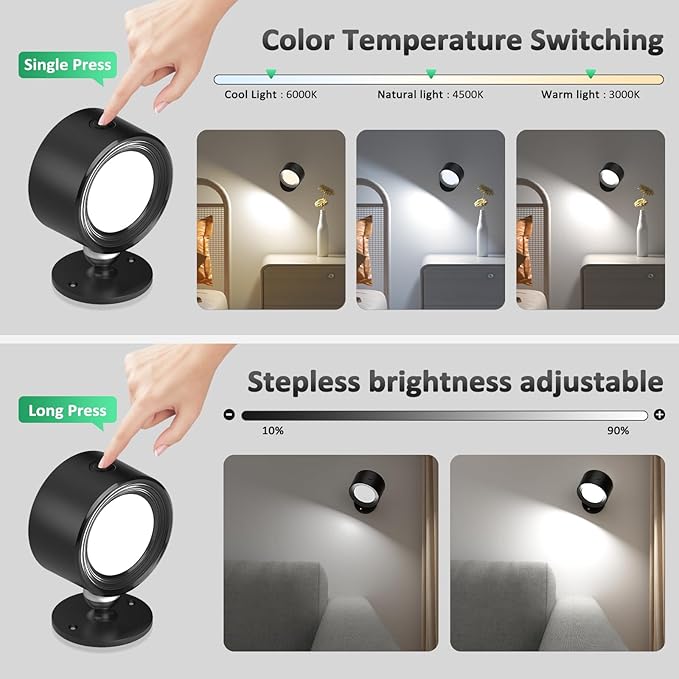 Lightbiz LED Wall Lights with Remote, Wall Mounted Sconces 3000mAh Rechargeable Battery Operated 3 Color Temperatures & Dimmable Magnetic Ball 360°Rotation Cordless Wall Light for Bedroom Bedside