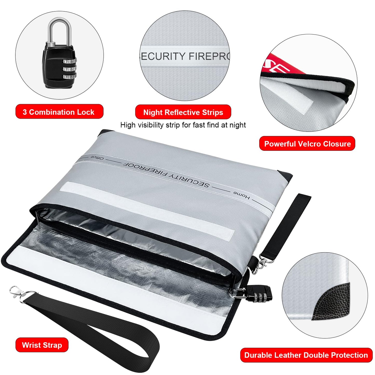 COLCASE Fireproof Document Bag with Lock 5200℉ Heat Insulated Waterproof and Fireproof Bag with Zipper Storage for Money, Documents,Passport and Valuables 15 x 11 inches