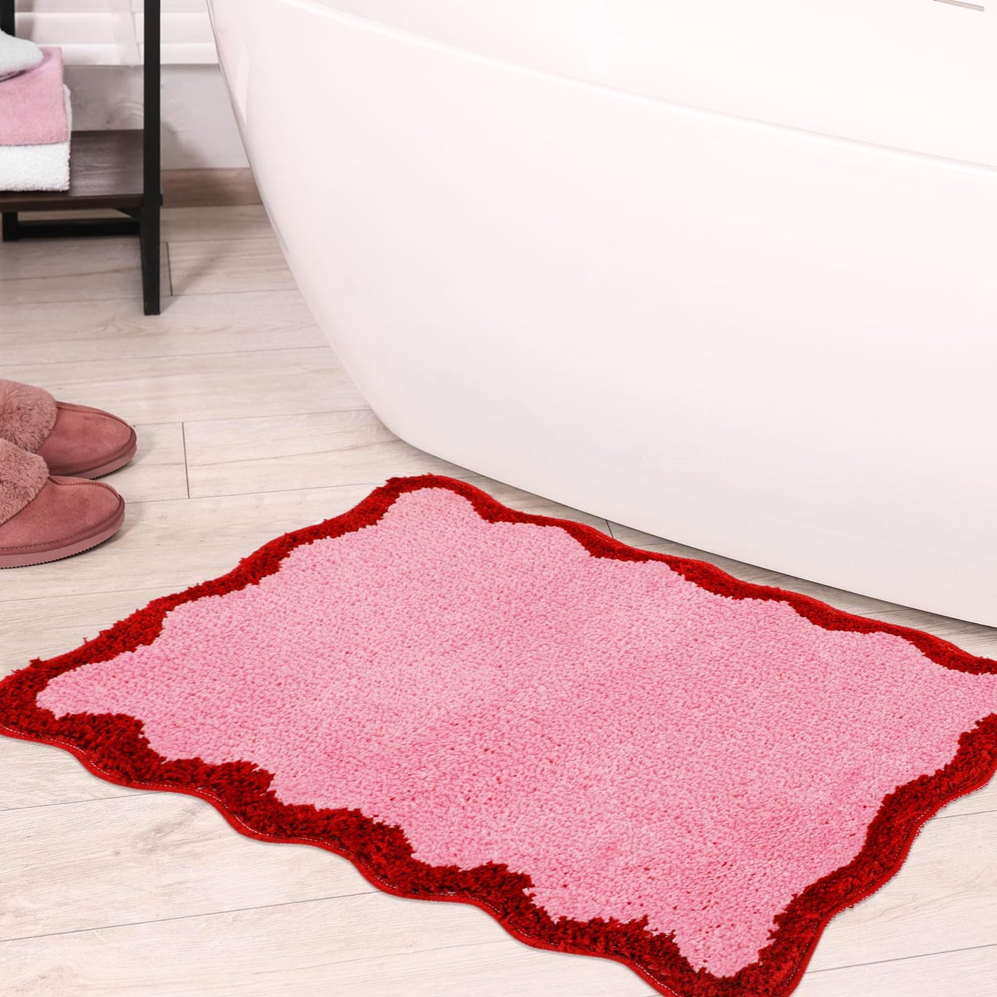 Whaline Pink Rug Mat Bathmat Red Scalloped 26.6 x 16.5 Inch Absorbent Bathroom Rug for Valentine's Day Wedding Anniversary Holiday Kitchen Living Room Decoration