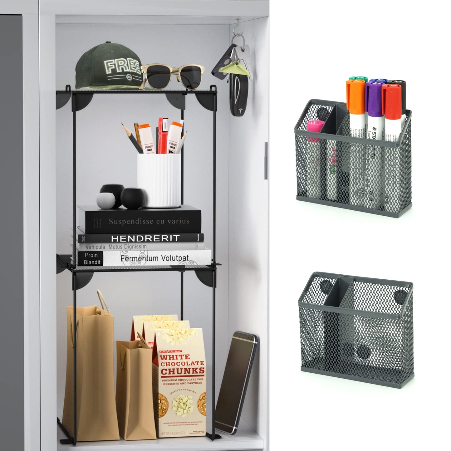Neudeco Locker Accessories and Decor Kit, Including Mesh Shelf, Organizer, Magnetic Basket and Pen Holder, Suitable for School, Work, Kitchen, Bathroom, (Pack of 4, Grey)
