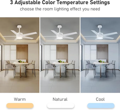 52 Inch Modern Ceiling Fan Light with Remote Control, Reversible DC Motor, Stepless Dimmable, Noiseless Modern Ceiling Fan for Indoor Use, White