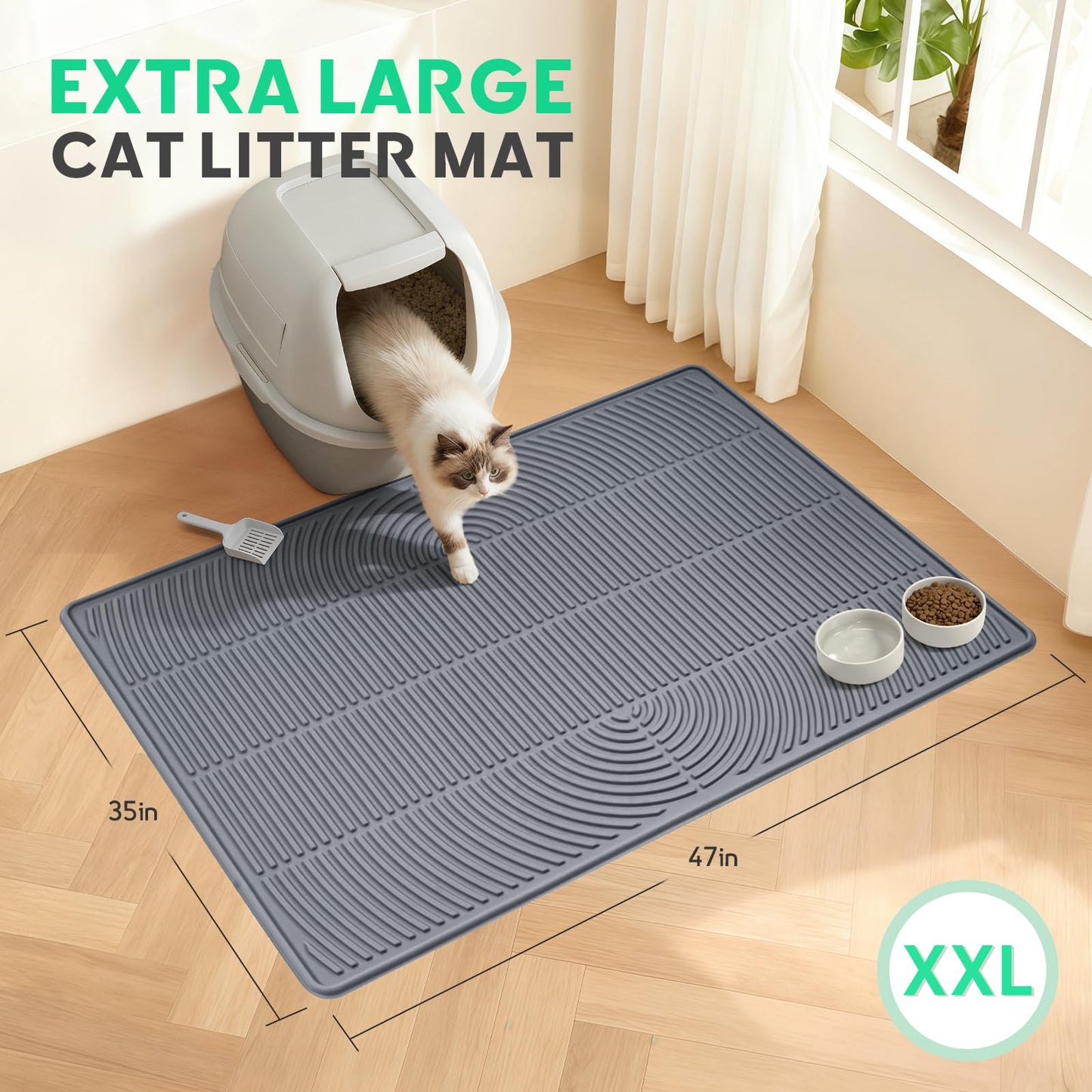 Pawtasy Cat Litter Box Mat,47" x 35" Extra Large Silicone Waterproof Litter Trapping Mat for Scatter Control Soft on Kitty Paws Non-Slip Easy to Clean