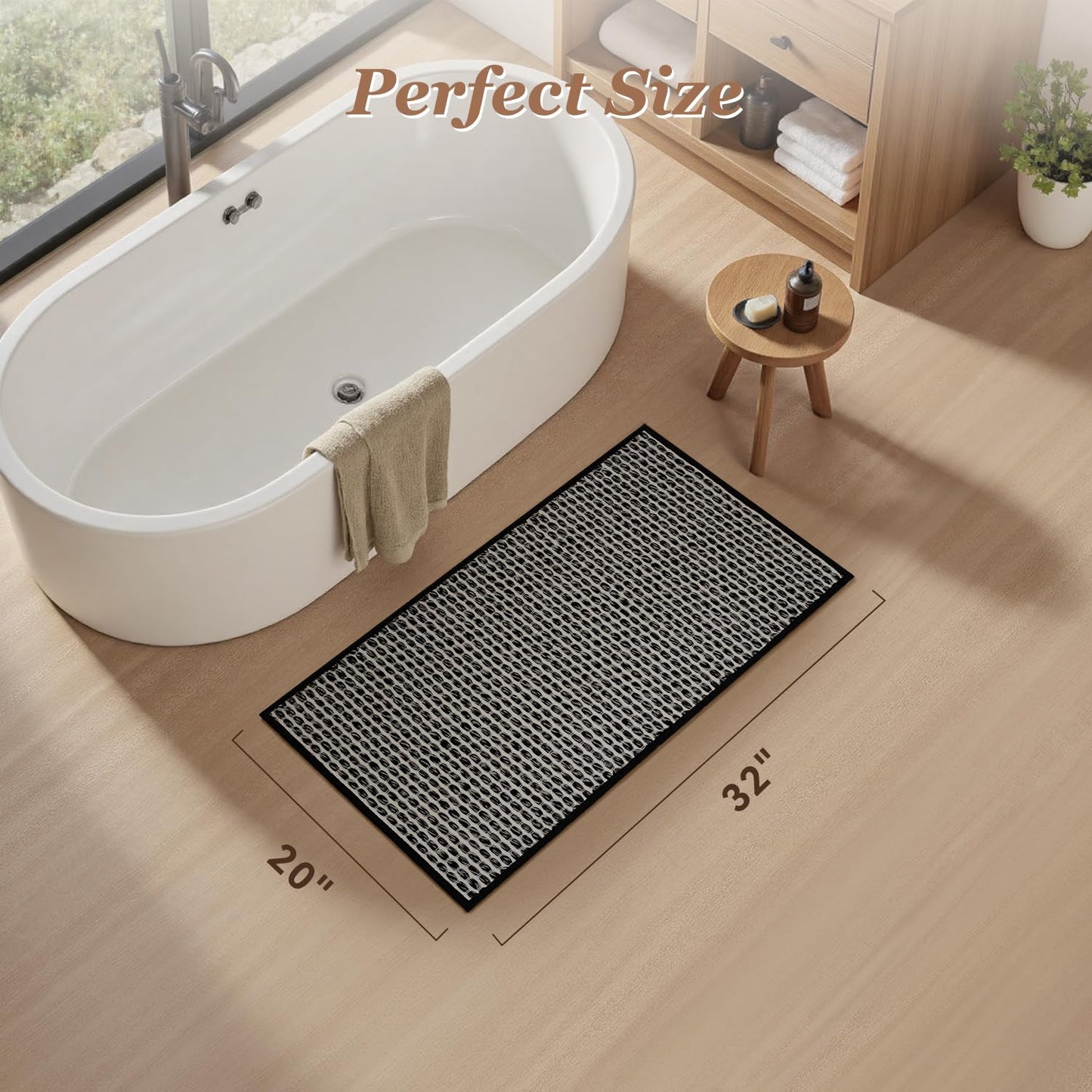 AMOAMI Unique Woven Bath Mat, Super Absorbent Non Slip Bath Mats for Bathroom Floor Textured Bathroom Mat Quick Dry Washable Bath Rug Boho Thin Rugs for Bathroom Beside Tub, 20" x 32", Black