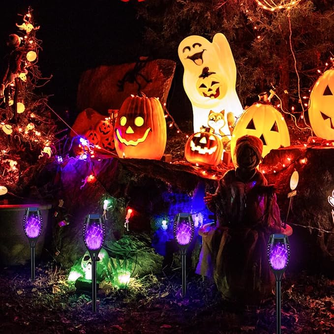 KYEKIO 16Pack Purple Halloween Yard Decorations Outside, Solar Powered Outdoor Lights with Flickering Flame for Outside Halloween Decorations, Solar Garden Lights Outdoor Waterproof for Patio Decor