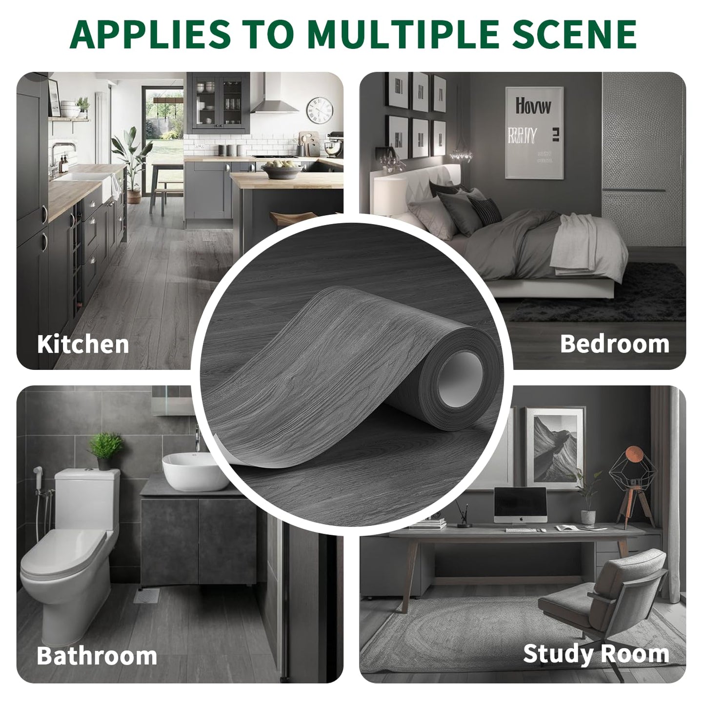 ZRJT Peel and Stick Floor Tile 11.8” x 590” Vinyl Flooring Roll Cover 48.4 Sq.Ft. Waterproof Scratch-Resistant DIY Self-Adhesive PVC Wood Flooring for Renter, Kitchen, Bathroom, RV, Grey