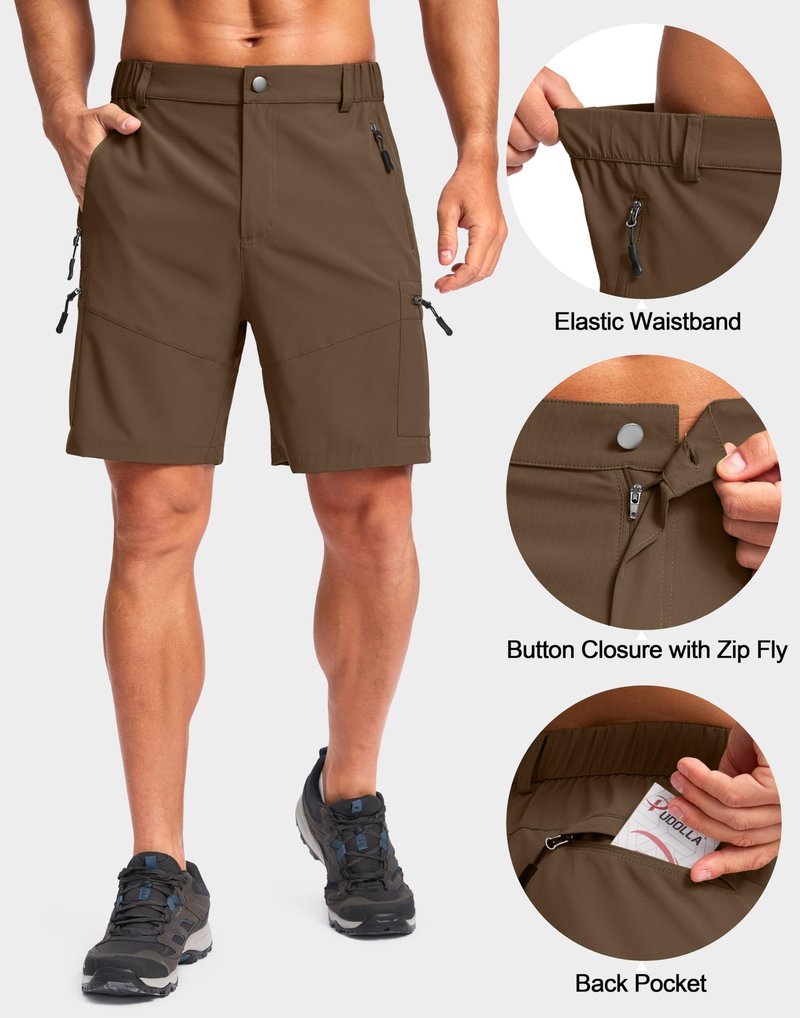 Pudolla Men's Hiking Cargo Shorts Lightweight 7" Travel Casual Shorts for Men Golf Work Outdoor with 5 Zipper Pockets(Brown Large)